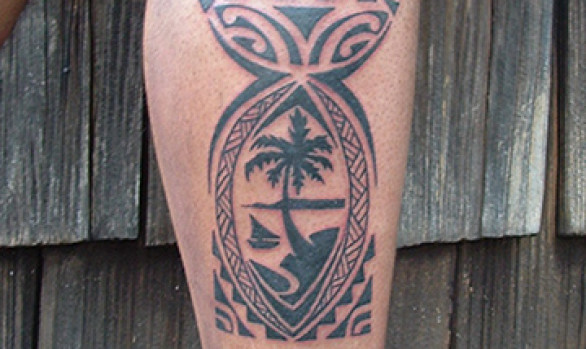 The Guam seal here is within the shape of a latte stone, the quintessential symbol of Chamorro culture.